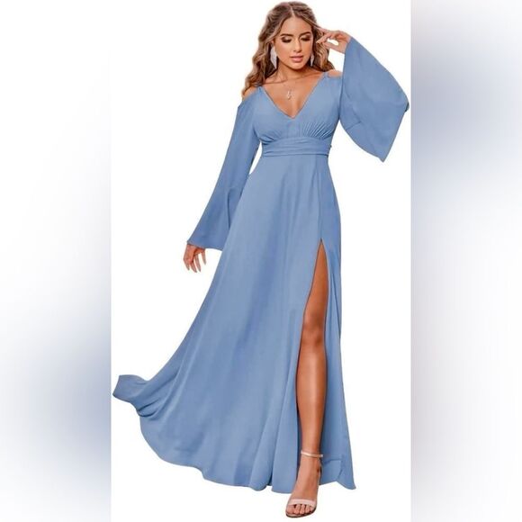 NWT Long Formal Chiffon Gown Dress w SLIT Flutter Sleeves V Neck Cold shoulder - Picture 5 of 7